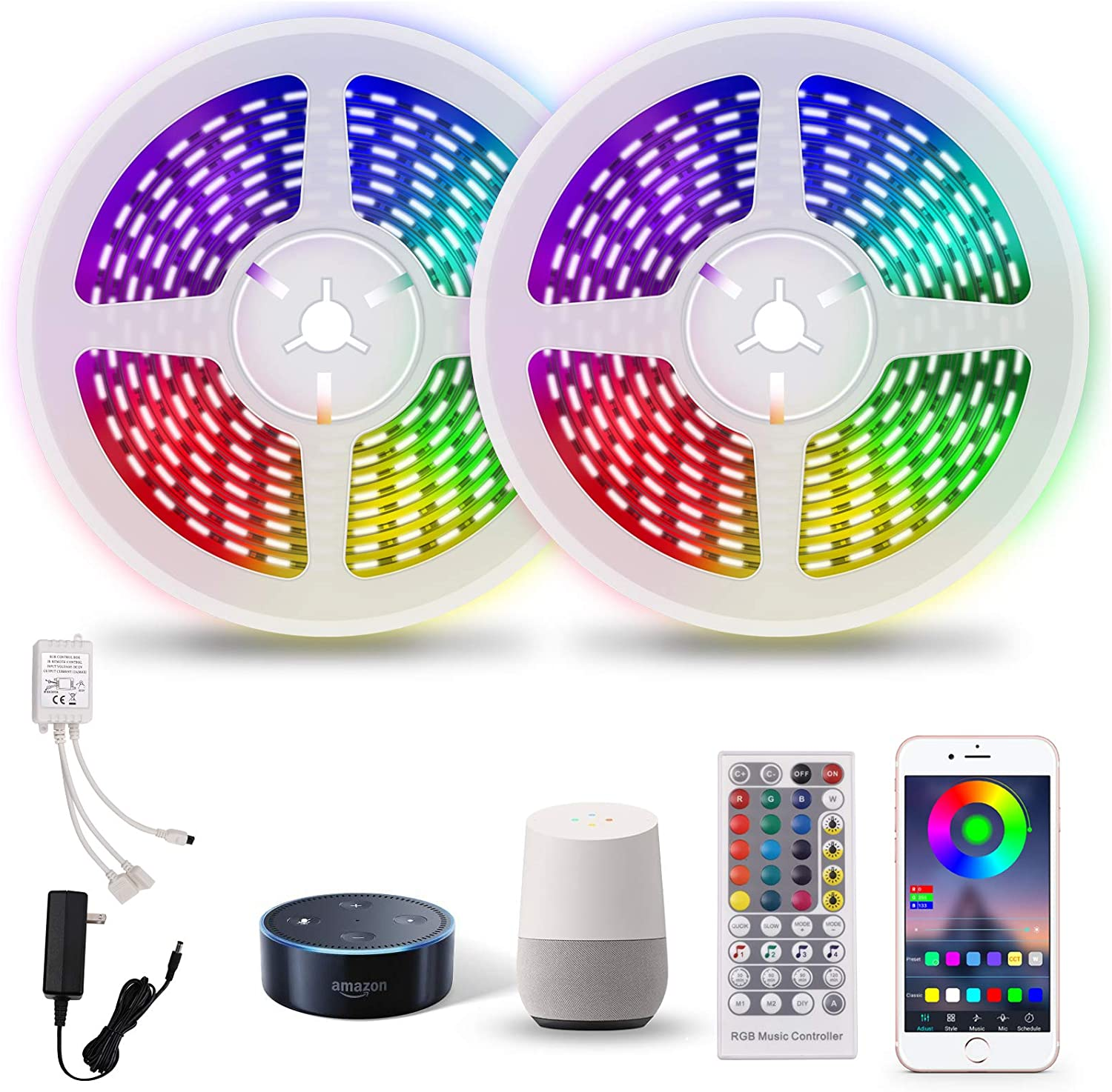 32.8ft Led Smart Strip Light, RGB 5050 Tape Light, Flexible Color Changing with 40 Keys IR Remote&Music Sync，Works with Alexa, Google Assistant