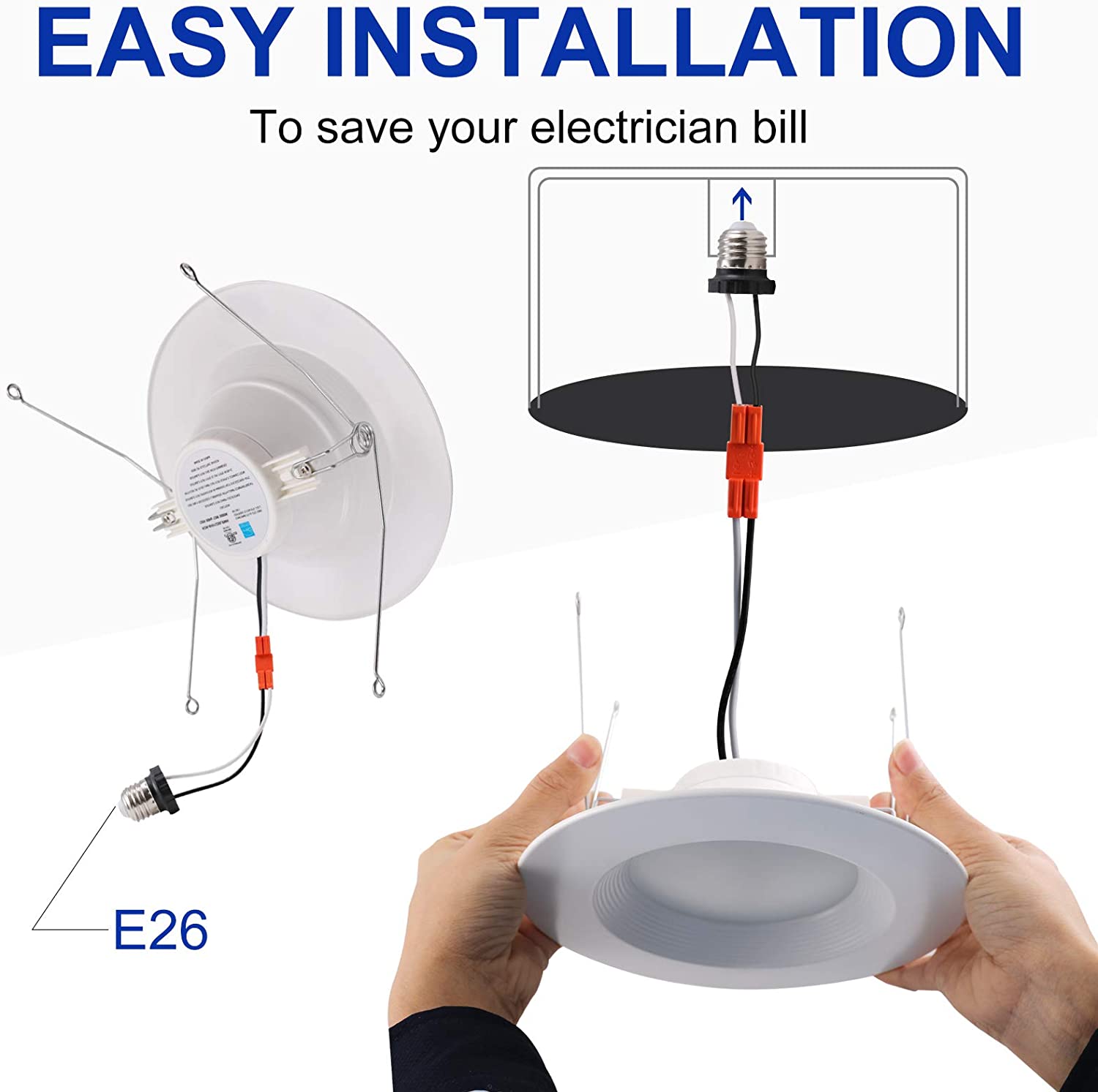 Energetic Dimmable LED Recessed Lighting 5/6 Inch Downlight, 12W=150W, Warm White 3000K, 1000LM, Energy Star & ETL, Simple Retrofit Installation, Baffle Trim, Damp Rated, 12 Pack